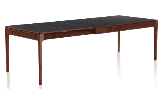 Table extensible en noyer et céramique 6 à 10 personnes allonges céramique avec bois teinte naturelle et plateau et allonges céramique noire unie 140x90 cm