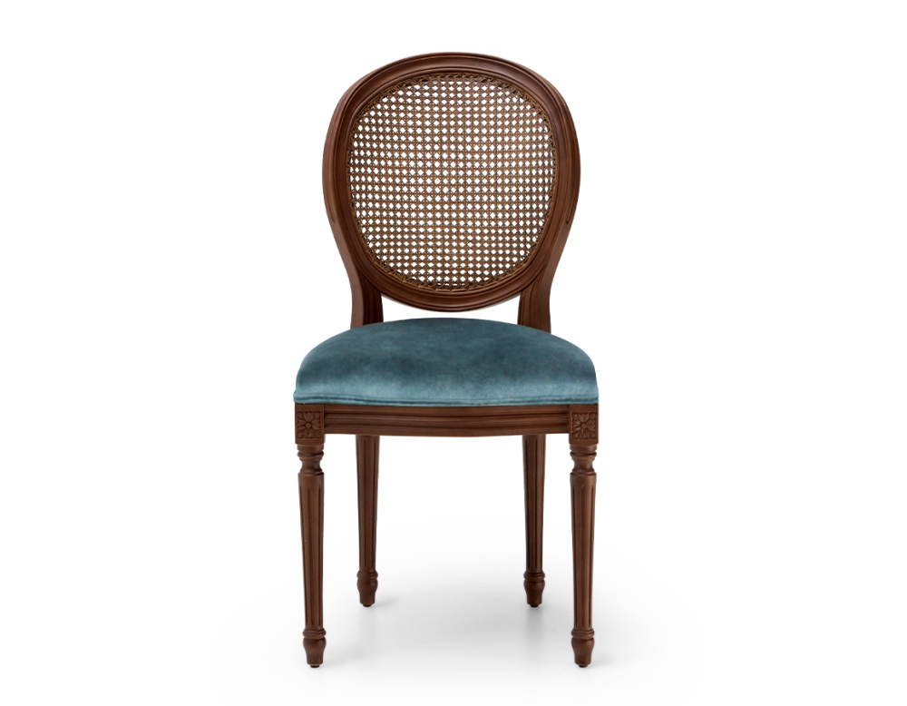 Louis XVI style antique chair dark brown stained wood with cane backrest and petrol blue velvet seat. Louis XVI style antique chair dark brown stained wood with cane backrest and petrol blue velvet seat.