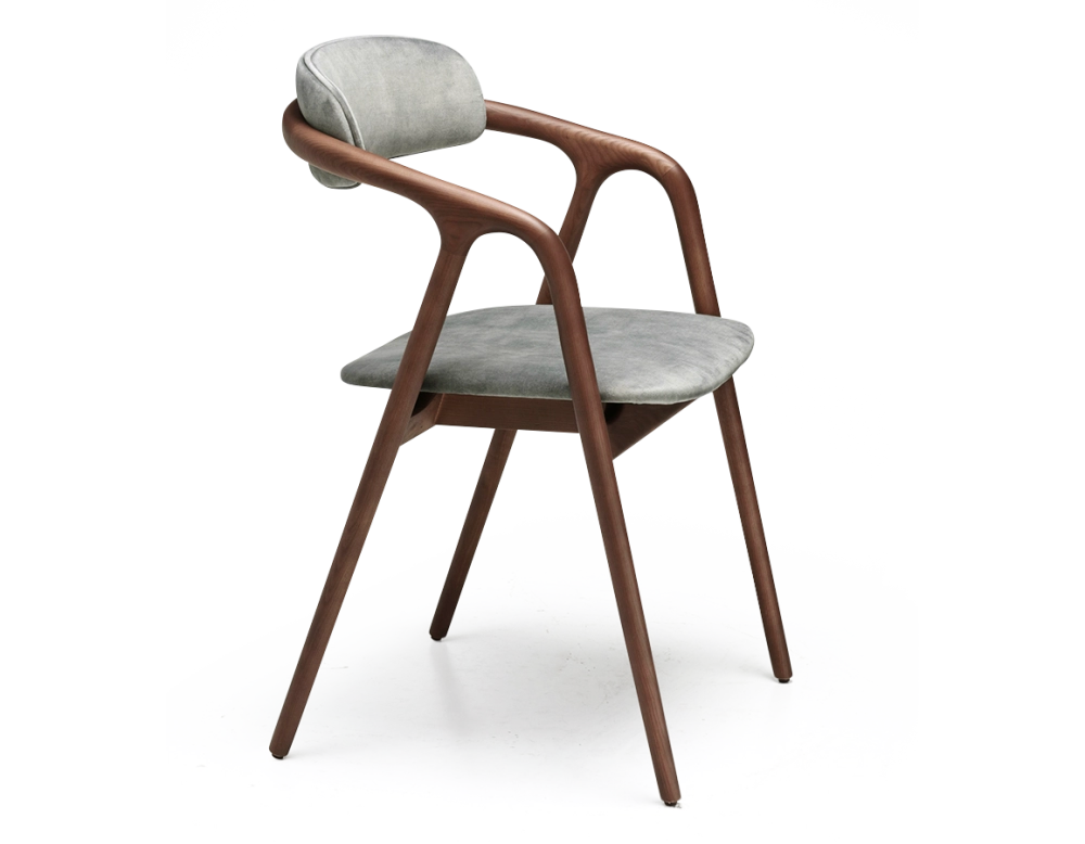 Chaise scandinave bois teinte noyer assise tissu velours gris bleu Chaise scandinave bois teinte noyer assise tissu velours gris bleu