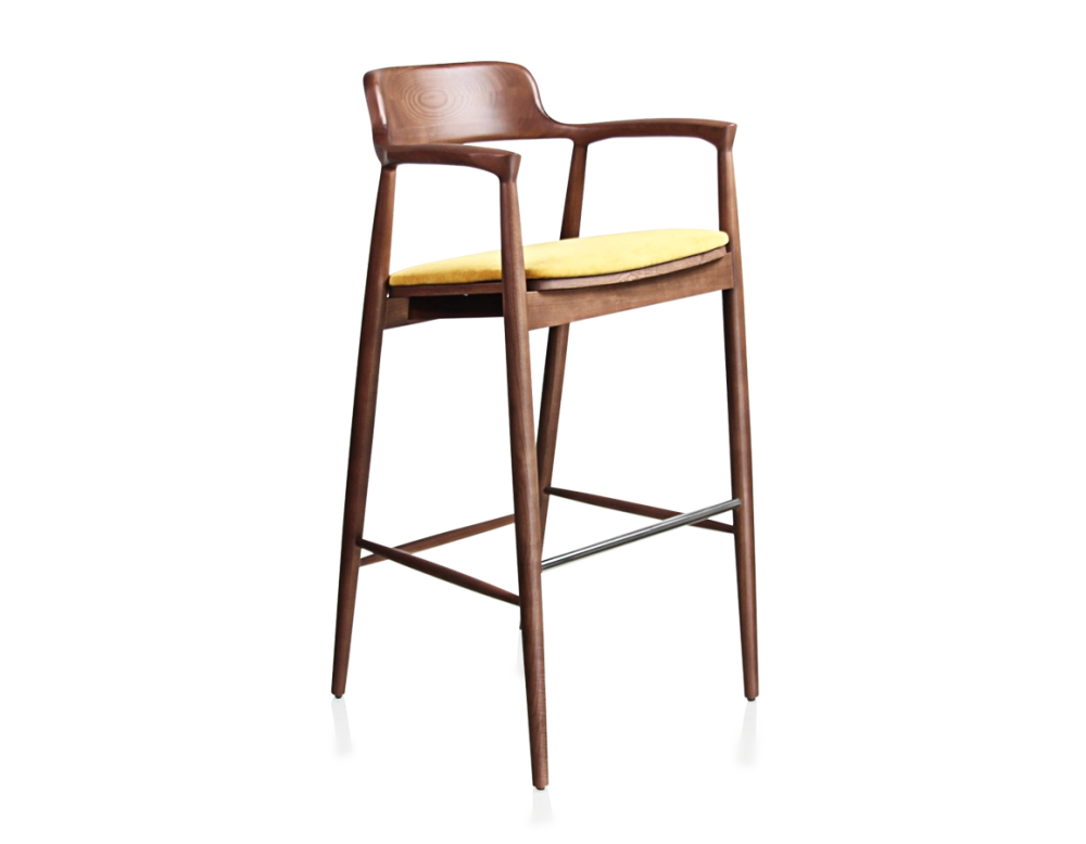 Bar stool h80 cm walnut-stained wood, yellow fabric seat Bar stool h80 cm walnut-stained wood, yellow fabric seat