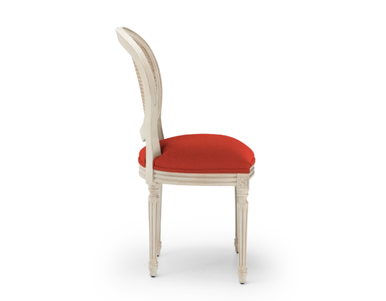 Chaise ancienne style Louis XVI bois teinte blanche cérusée dossier canné assise tissu orange brulé