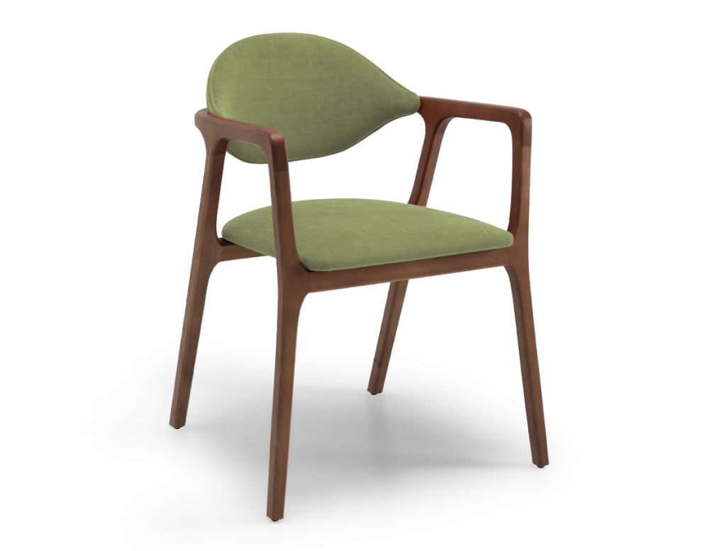 Designer armchair dark brown stained wood and green fabric. Designer armchair dark brown stained wood and green fabric.