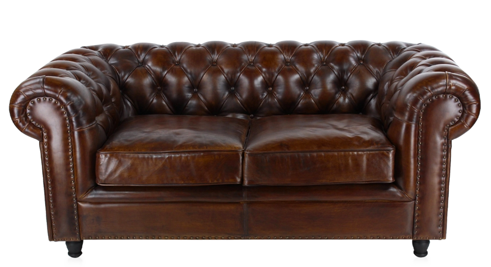 Canapé Chesterfield cuir 2 places marron soutenu accoudoirs cloutés