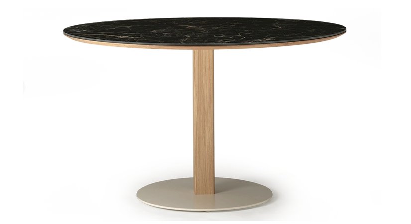 Table salle à manger ronde en chêne et céramique 6 personnes avec bois teinte naturelle et plateau céramique effet marbre noir m2 120x120 Table salle à manger ronde en chêne et céramique 6 personnes avec bois teinte naturelle et plateau céramique effet marbre noir m2 120x120