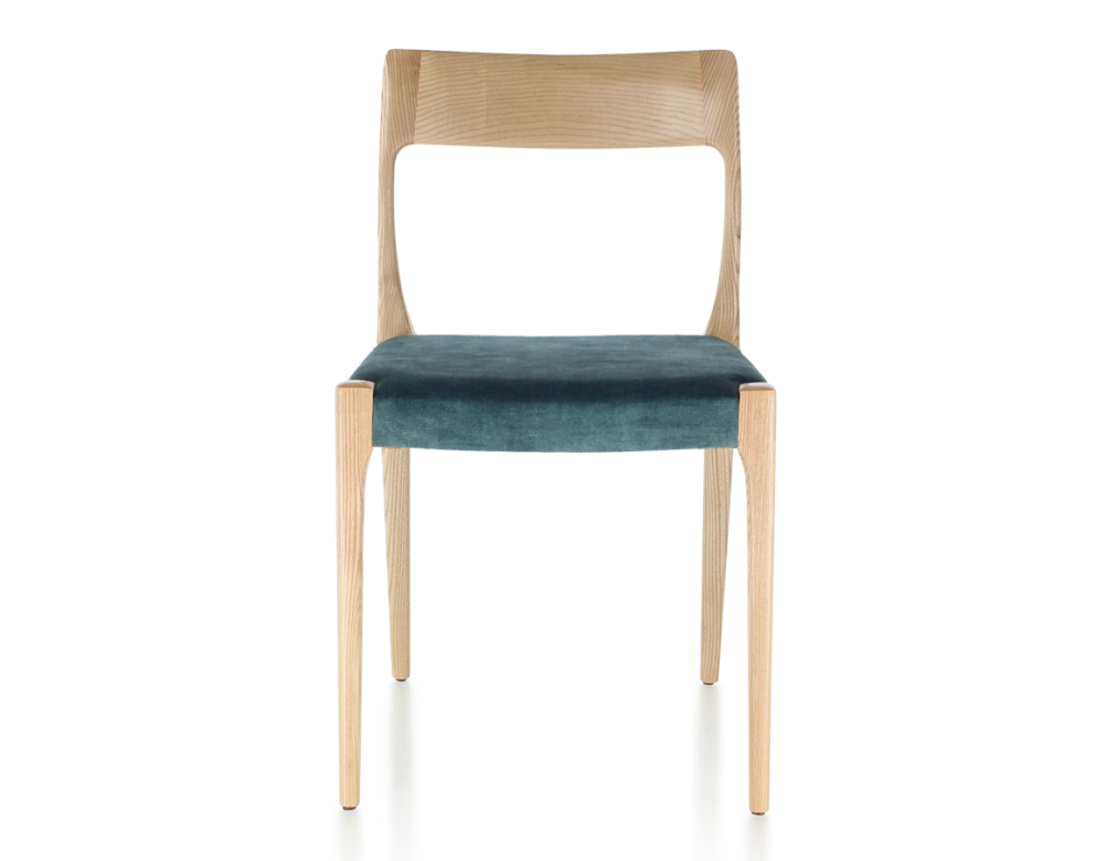Scandinavian chair natural stained wood, petrol blue velvet seat Scandinavian chair natural stained wood, petrol blue velvet seat
