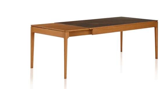Table extensible en chêne et céramique allonges bois avec bois teinte merisier et plateau céramique brun oxydé 140x90 cm