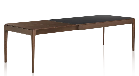 Table extensible en chêne et céramique allonges bois avec bois teinte marron foncé et plateau céramique noir unie 140x90 cm