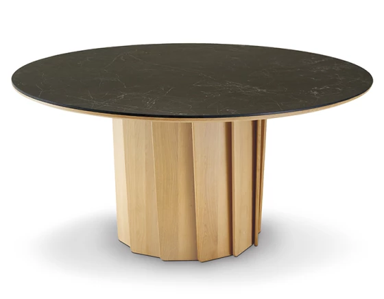 Table salle à manger ronde en chêne et céramique 6 à 8 personnes avec bois teinte naturelle et plateau céramique effet ardoise 120 cm