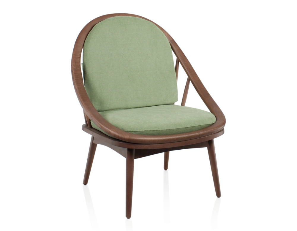 Fauteuil scandinave bois teinte noyer et tissu vert Fauteuil scandinave bois teinte noyer et tissu vert