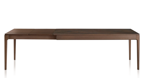 Extendable table for 8 to 12 people in oak and ceramic with wooden extensions with dark brown stained wood and oxidised brown ceramic top 180x100 cm