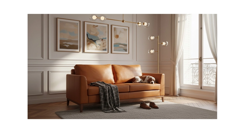 Canapé design 2,5 places cuir caramel