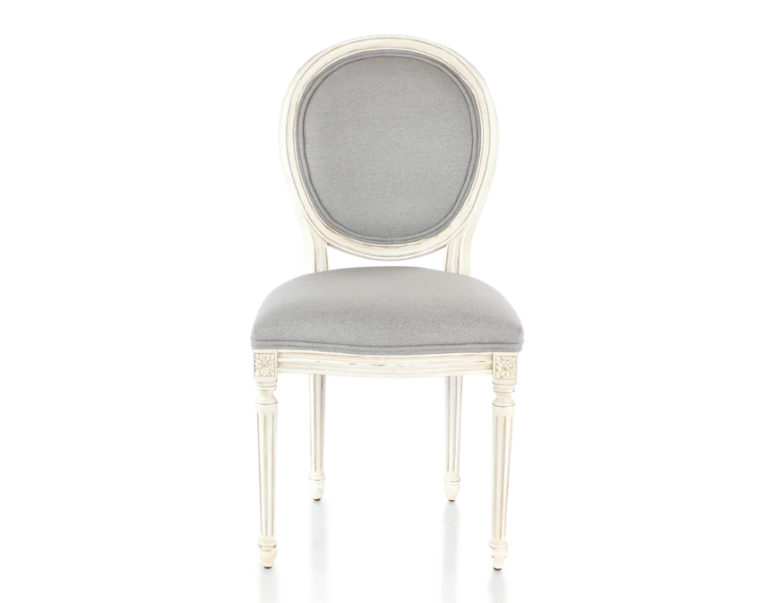 Chaise ancienne style Louis XVI bois teinte blanche cérusée et tissu gris clair