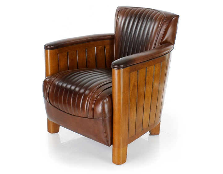Fauteuil club bois et cuir marron vintage Fauteuil club bois et cuir marron vintage