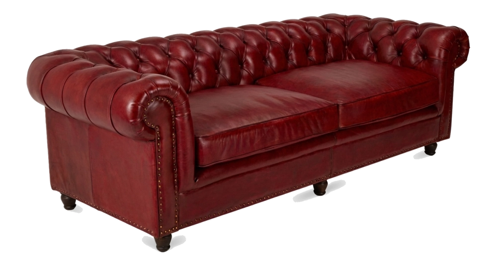 Sofá Chesterfield de piel de 3 plazas rojo carmín reposabrazos con tachuelas