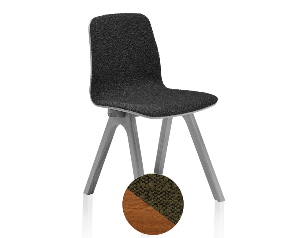Upholstered oak designer chair cherry-stained wood, green boucle fabric seat Upholstered oak designer chair cherry-stained wood, green boucle fabric seat