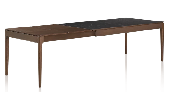 Table extensible en chêne foncé et céramique effet ardoise 140x90 cm allonges chêne