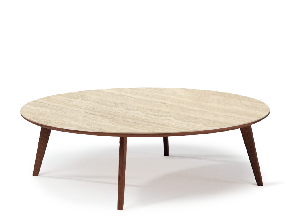 Round coffee table F1 in oak and ceramic dark brown stained wood with ceramic top in travertine stone effect. 120x120x40 cm