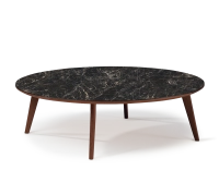 Round coffee table F1 in oak and ceramic dark brown stained wood coffee table with black marble-effect ceramic top. 110x110x40 cm