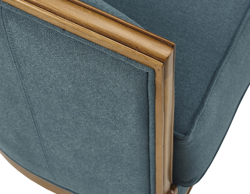 Fauteuil ancien accoudoirs moulurés bois teinte ancienne et tissu bleu océan