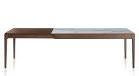 Table extensible 8 à 12 personnes en chêne et céramique allonges bois avec bois teinte marron foncé et plateau céramique effet marbre blanc 180x100 cm Table extensible 8 à 12 personnes en chêne et céramique allonges bois avec bois teinte marron foncé et plateau céramique effet marbre blanc 180x100 cm