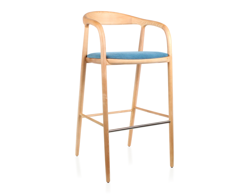 Bar stool h80 cm natural tint blue jean fabric seat natural wood stain and denim fabric Bar stool h80 cm natural tint blue jean fabric seat natural wood stain and denim fabric