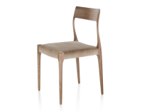 Chaise scandinave bois teinte noyer assise tissu velours taupe clair Chaise scandinave bois teinte noyer assise tissu velours taupe clair