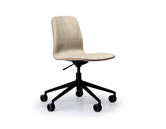 Design office chair black metal base with wheels and beige mottled fabric seat.