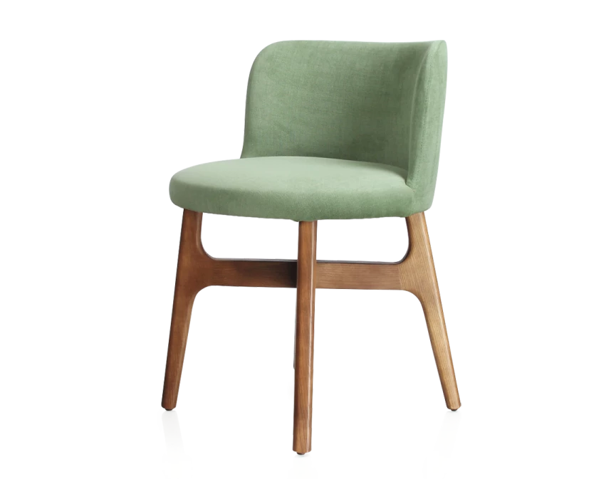 Chaise design bois teinte merisier assise tissu vert