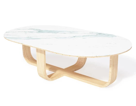 Table basse ovale en chêne et céramique avec bois teinte naturelle plateau céramique effet marbre blanc 120x80 cm