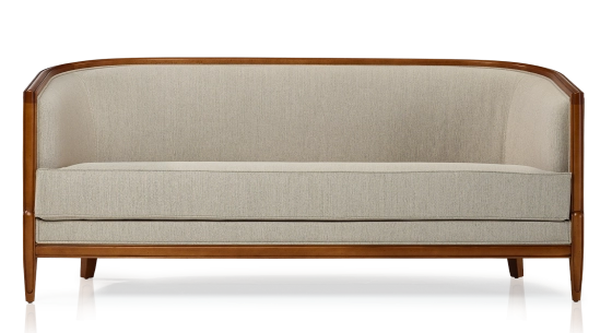 Canapé ancien 3 places accoudoirs moulurés bois teinte ancienne et tissu beige naturel