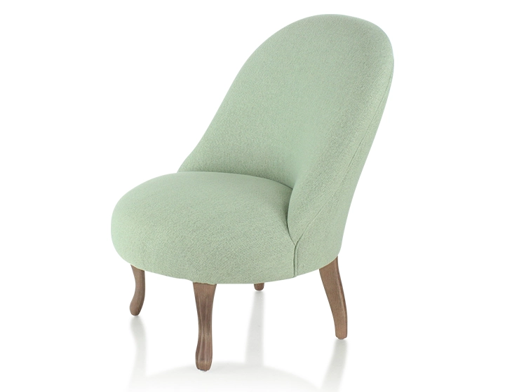 Fauteuil crapaud sans accoudoirs pieds bois teinte noyer et tissu vert sauge Fauteuil crapaud sans accoudoirs pieds bois teinte noyer et tissu vert sauge