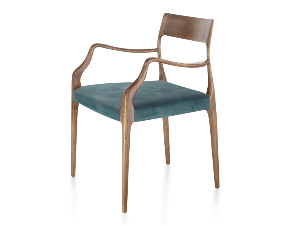 Chaise scandinave avec accoudoirs bois teinte noyer assise tissu velours bleu pétrole Chaise scandinave avec accoudoirs bois teinte noyer assise tissu velours bleu pétrole