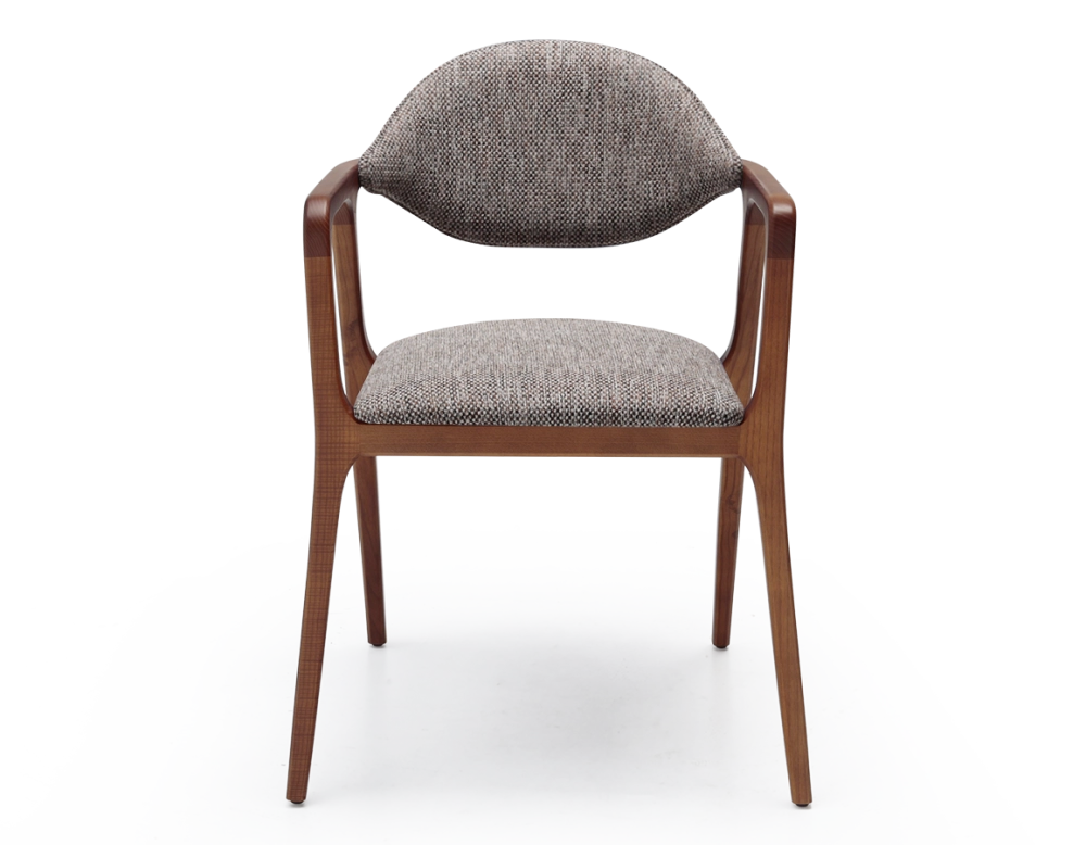 Chaise design avec accoudoirs bois teinte merisier et tissu chiné marron Chaise design avec accoudoirs bois teinte merisier et tissu chiné marron