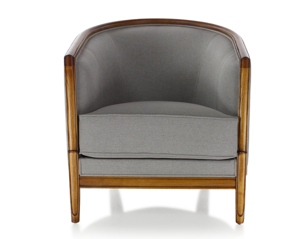 Antique armchair with moulded armrests wood stained in an antique style and light grey fabric