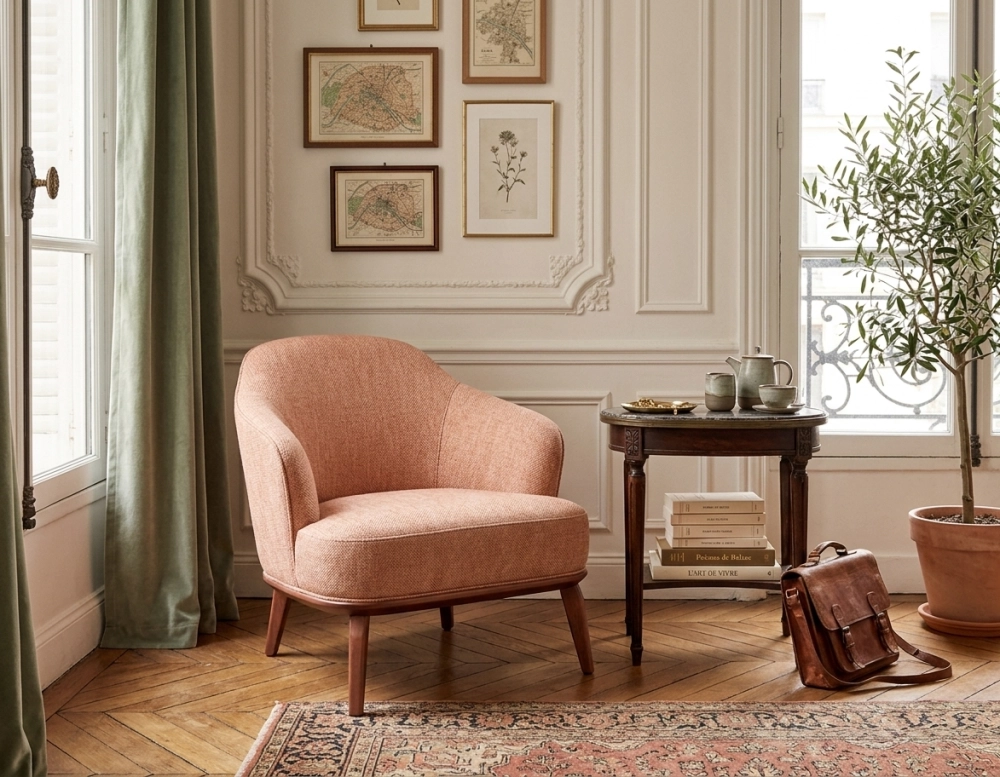 Fauteuil design tissu brun sienne