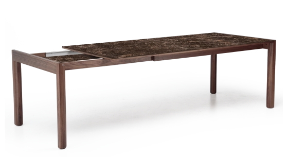 Extending table for 8 to 12 people in walnut and ceramic with ceramic extensions natural wood finish and brown marble-effect ceramic 160x100 cm