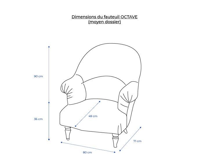 Fauteuil crapaud avec accoudoirs pieds bois teinte noyer et tissu bleu marine moyen dossier