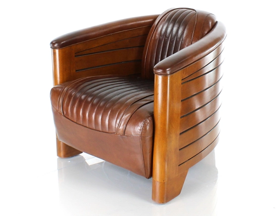 Fauteuil club bois et cuir marron vintage