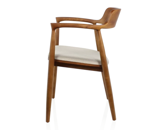 Chaise scandinave bois teinte merisier assise tissu chevron beige