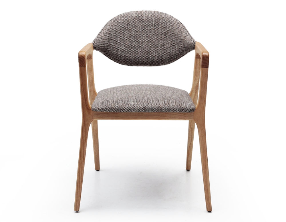 Designer armchair natural wood finish and brown mottled fabric Designer armchair natural wood finish and brown mottled fabric