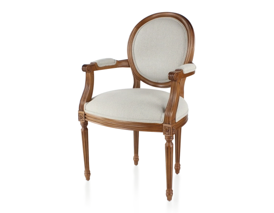Antique Louis XVI style armchair with armrests wood stained antique and natural beige fabric