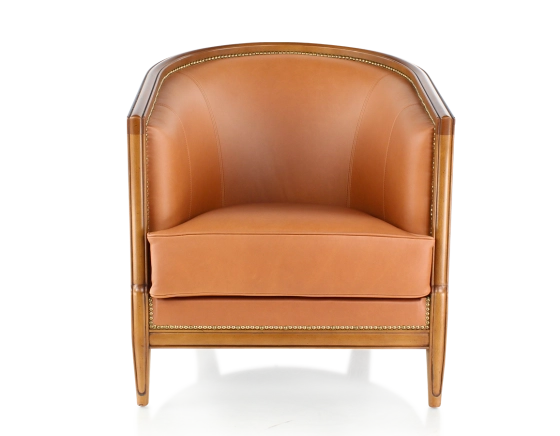 Antique armchair with moulded armrests bois teinte ancienne et cuir châtain