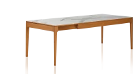 Table extensible en chêne et céramique 6 à 10 personnes allonges céramique avec bois teinte merisier et plateau et allonges céramique effet marbre blanc 140x90 cm