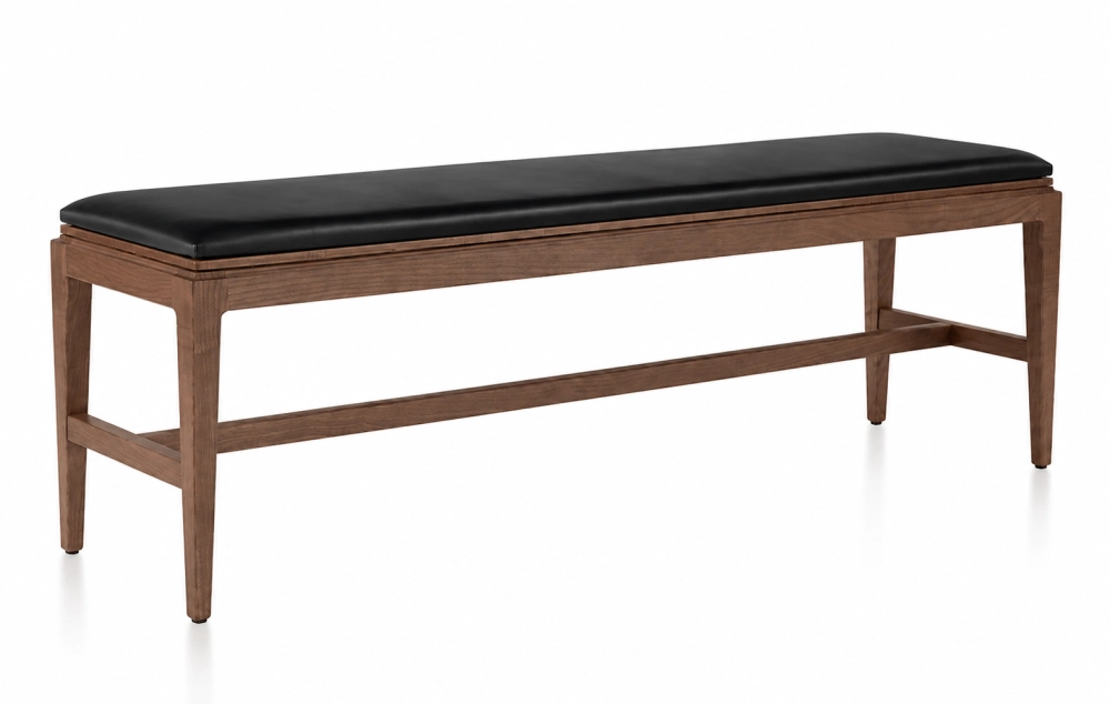 Bench design wood and fabric or leather bois teinte foncée assise cuir noir L120 cm
