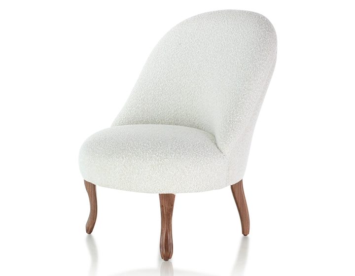 Fauteuil crapaud sans accoudoirs pieds bois teinte noyer et tissu bouclé blanc Fauteuil crapaud sans accoudoirs pieds bois teinte noyer et tissu bouclé blanc