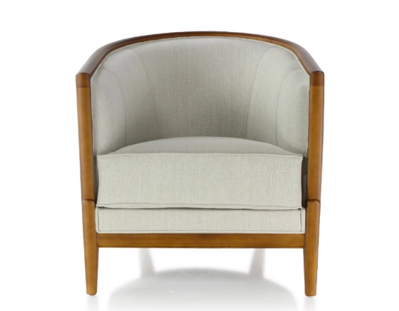 Fauteuil ancien bois teinte merisier et tissu beige naturel