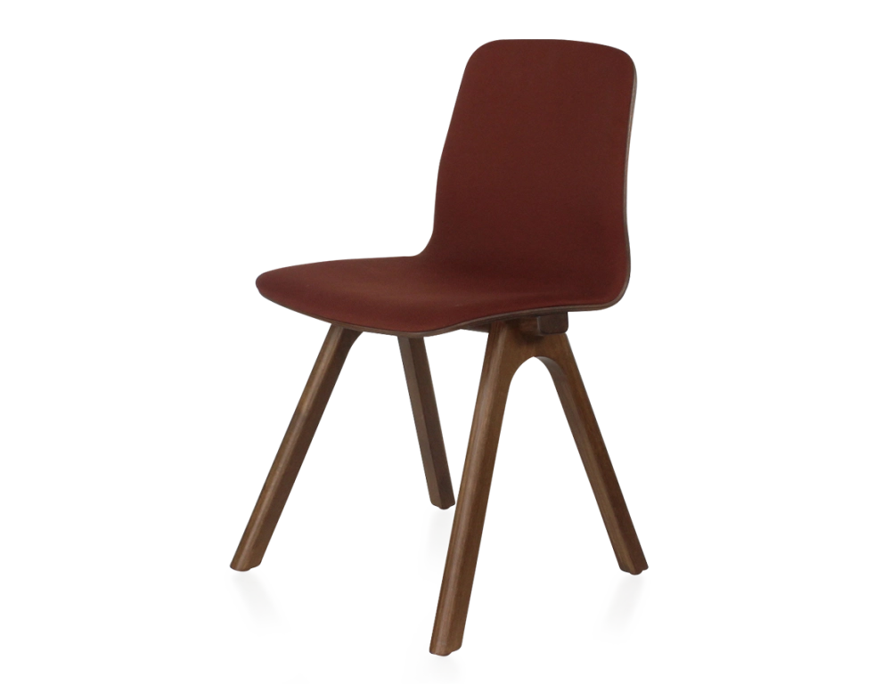 Chaise design en chêne tapissé bois teinte marron foncé assise tissu bordeaux Chaise design en chêne tapissé bois teinte marron foncé assise tissu bordeaux