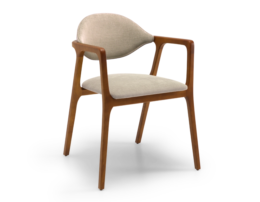 Designer armchair cherry wood stain and taupe fabric Designer armchair cherry wood stain and taupe fabric