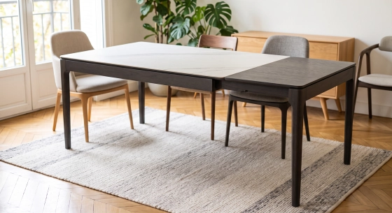 Table extensible 6 à 10 personnes en chêne et céramique allonges bois avec bois teinte anthracite et plateau céramique effet marbre blanc 140x100 cm