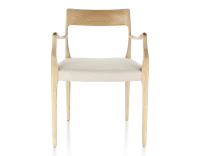 Chaise scandivave avec accoudoirs bois teinte naturelle assise tissu chevron beige